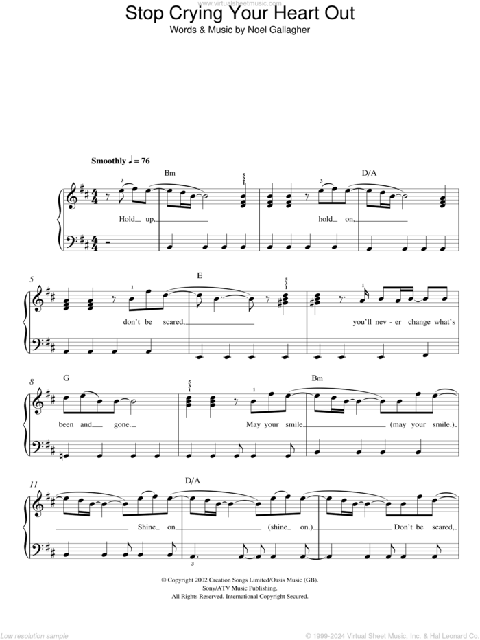 Stop Crying Your Heart Out, (easy) sheet music for piano solo by Oasis and Noel Gallagher, easy skill level