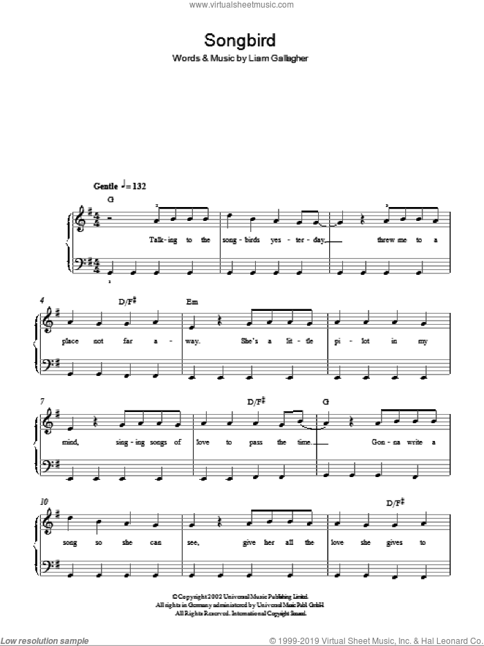 Songbird sheet music for piano solo by Oasis and Liam Gallagher, easy skill level