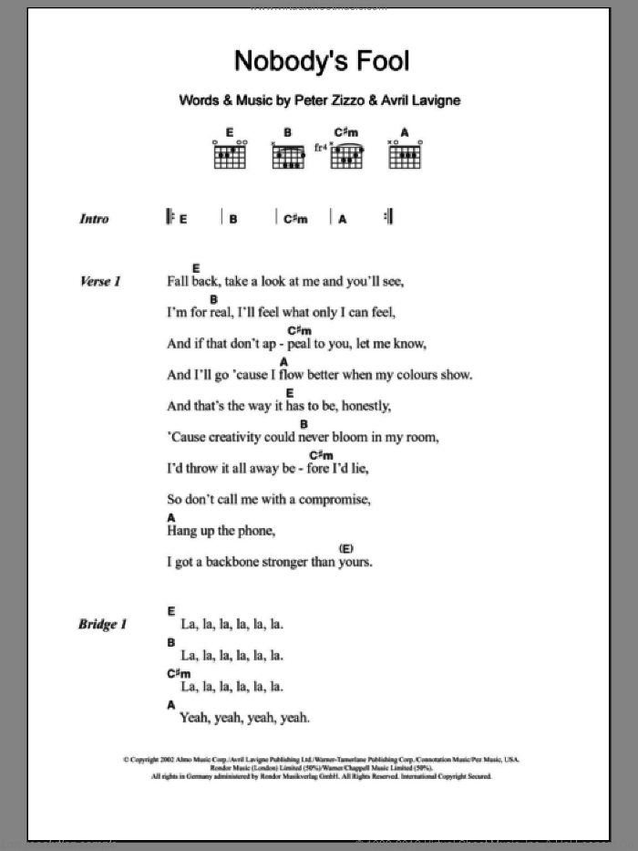 Nobody's Fool sheet music for guitar (chords) by Avril Lavigne and Peter Zizzo, intermediate skill level