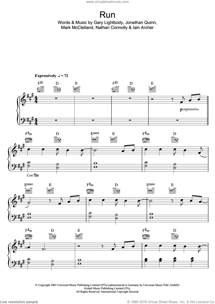 Run sheet music for piano solo by Leona Lewis, Snow Patrol, Gary Lightbody, Iain Archer, Jonathan Quinn, Mark McClelland and Nathan Connolly, easy skill level