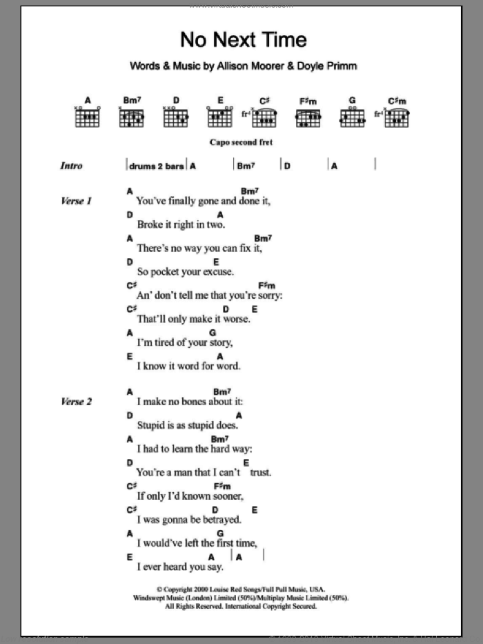 No Next Time sheet music for guitar (chords) by Allison Moorer and Doyle Primm, intermediate skill level