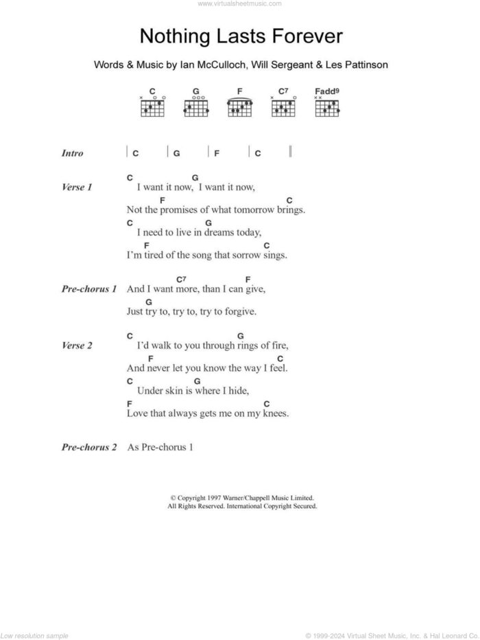 Nothing Lasts Forever sheet music for guitar (chords) by Echo & The Bunnymen, Ian McCulloch, Les Pattinson and Will Sergeant, intermediate skill level