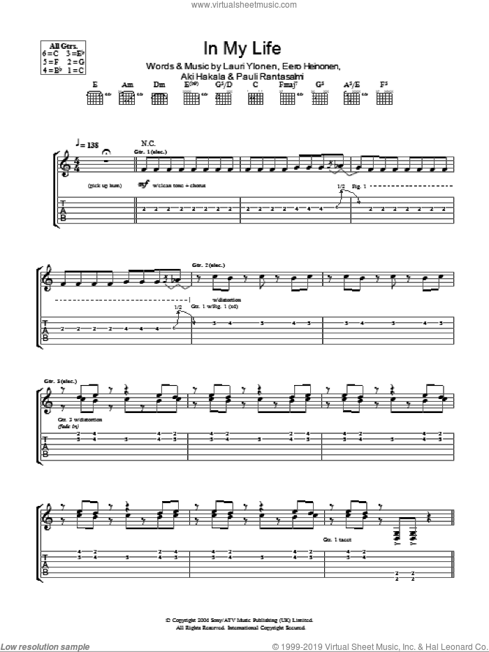 In My Life sheet music for guitar (tablature) by The Rasmus, Aki Hakala, Eero Heinonen, Lauri YlAAonen, Lauri Ylonen, Lauri Ylonen and Pauli Rantasalmi, intermediate skill level
