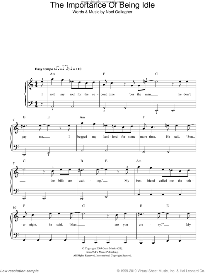 The Importance Of Being Idle sheet music for piano solo by Oasis and Noel Gallagher, easy skill level