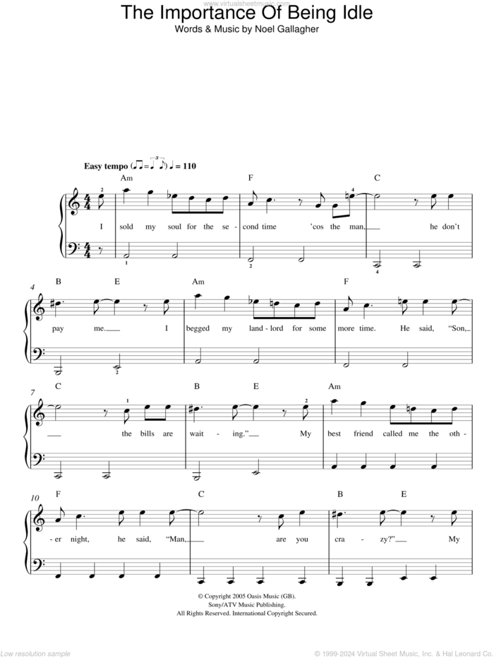 The Importance Of Being Idle sheet music for piano solo by Oasis and Noel Gallagher, easy skill level