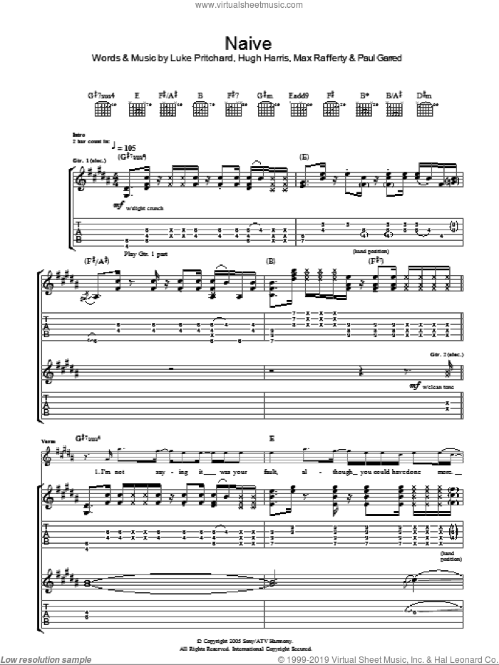 Naive sheet music for guitar (tablature) by The Kooks, Hugh Harris, Luke Pritchard, Max Rafferty and Paul Garred, intermediate skill level
