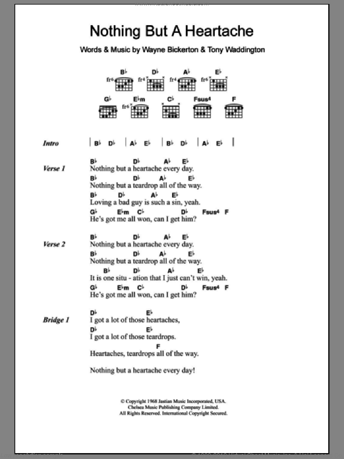 Nothing But A Heartache sheet music for guitar (chords) by The Flirtations, Tony Waddington and Wayne Bickerton, intermediate skill level