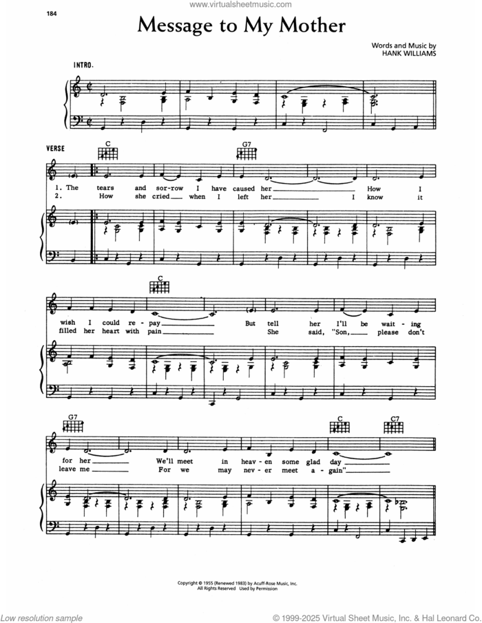 Message To My Mother sheet music for voice, piano or guitar by Hank Williams, intermediate skill level