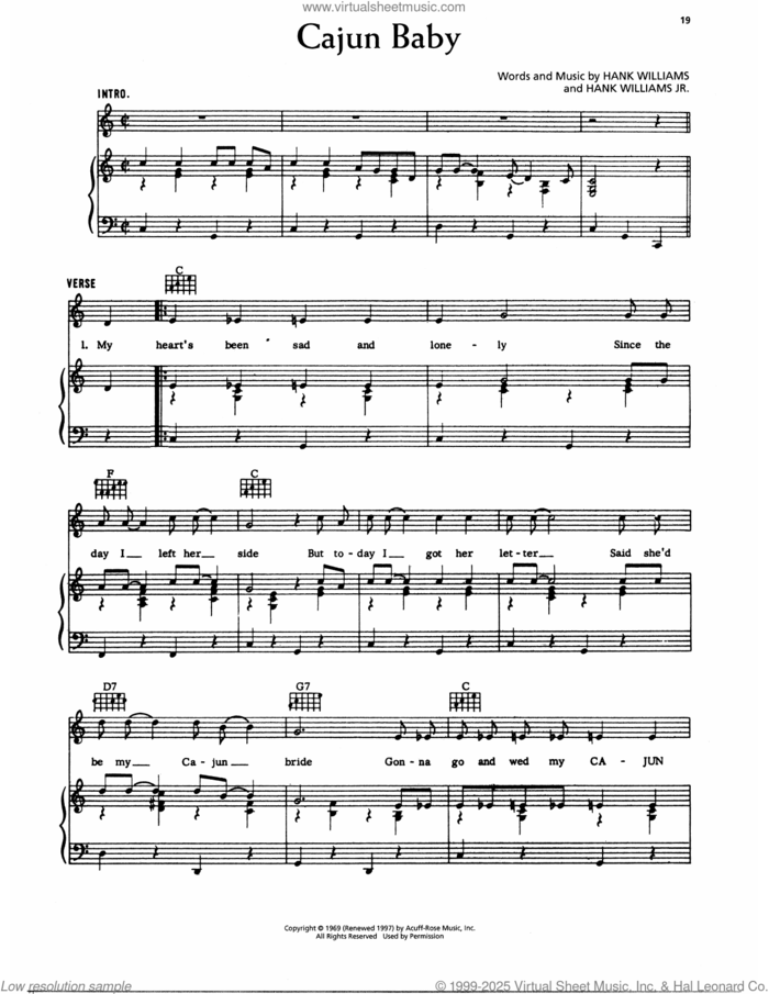 Cajun Baby sheet music for voice, piano or guitar by Hank Williams and Hank Williams, Jr., intermediate skill level