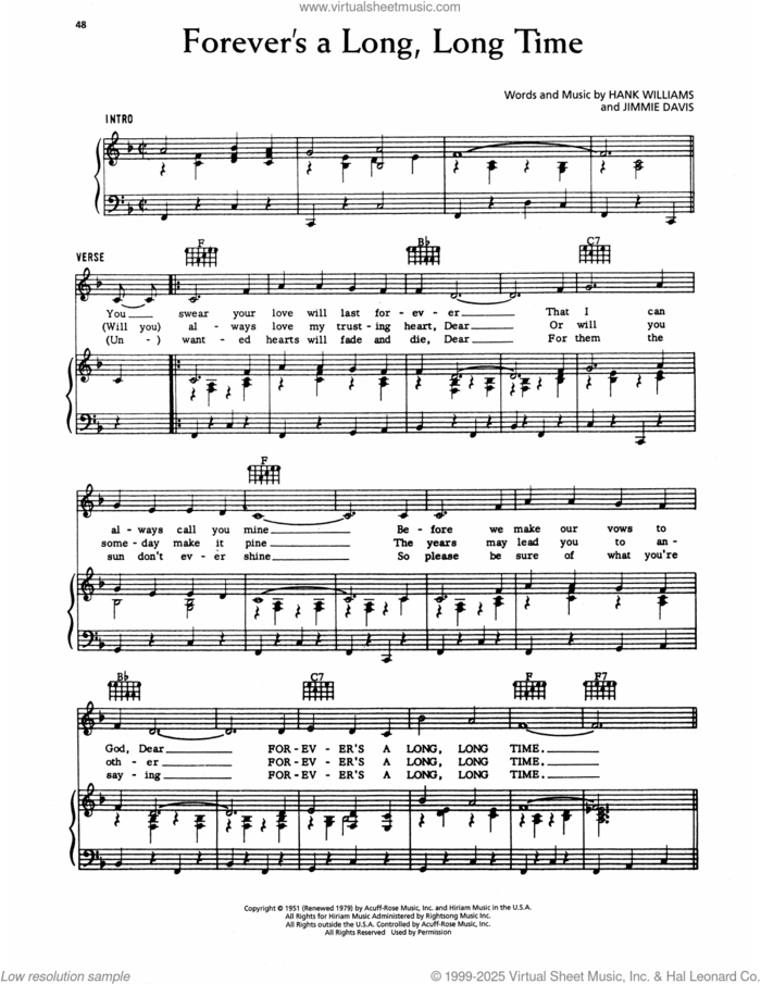 Forever's A Long Long Time sheet music for voice, piano or guitar by Hank Williams and Jimmie Davis, intermediate skill level
