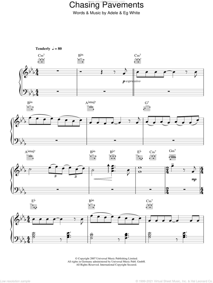 Chasing Pavements sheet music for piano solo by Adele and Eg White, easy skill level