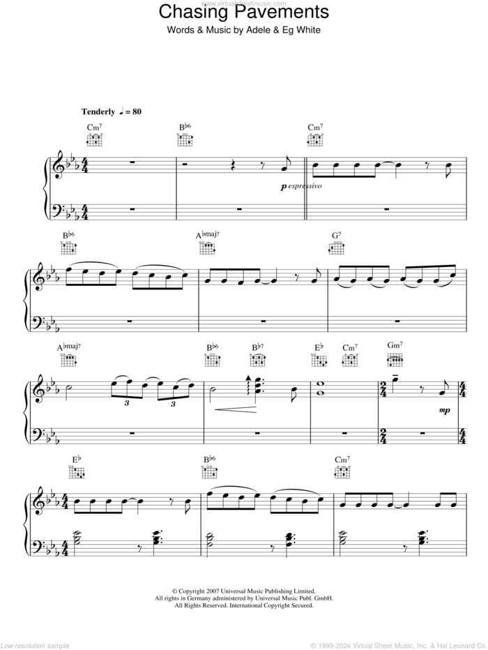 Chasing Pavements sheet music for piano solo by Adele and Eg White, easy skill level