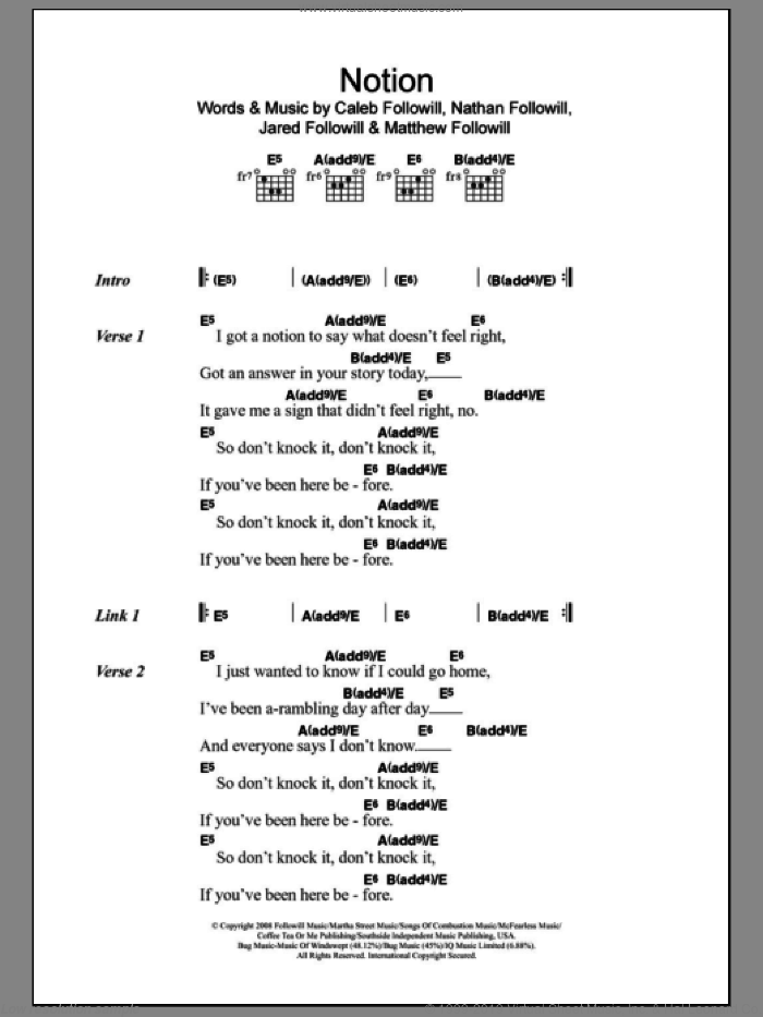 Notion sheet music for guitar (chords) by Kings Of Leon, Caleb Followill, Jared Followill, Matthew Followill and Nathan Followill, intermediate skill level