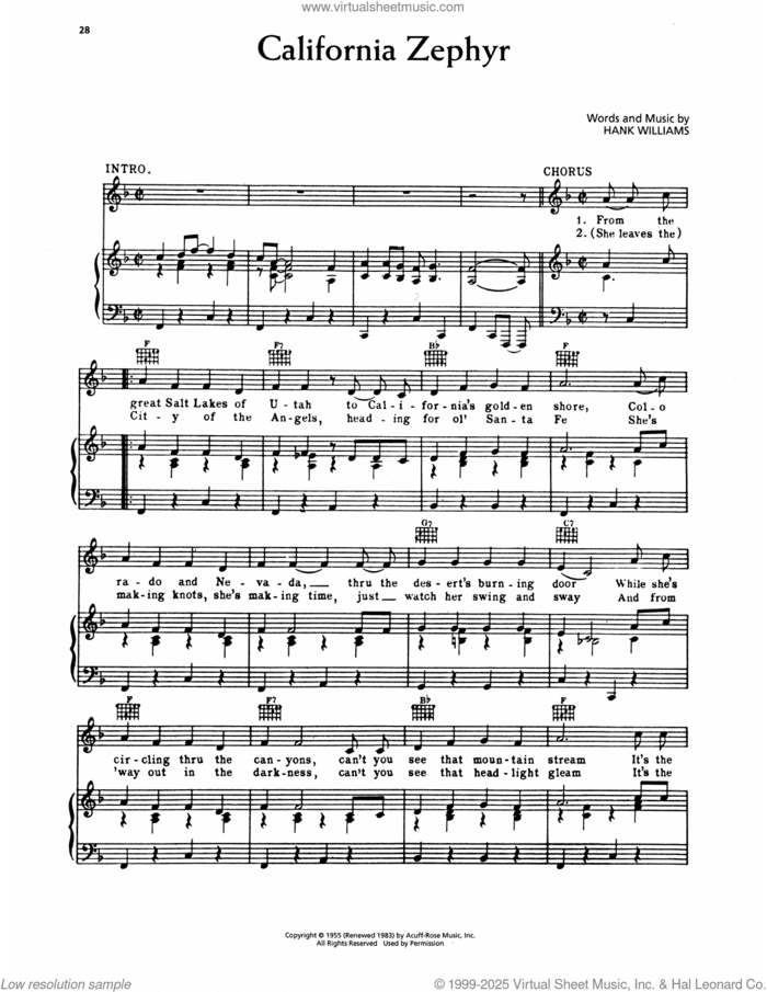 California Zephyr sheet music for voice, piano or guitar by Hank Williams, intermediate skill level