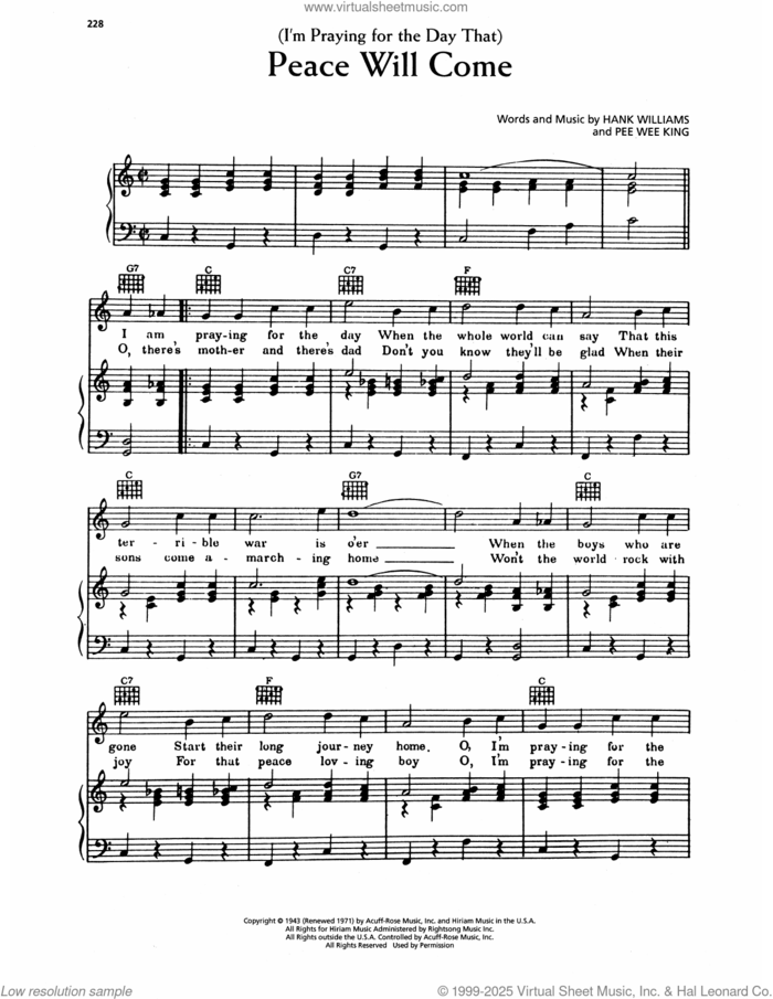 (I'm Praying For The Day That) Peace Will Come sheet music for voice, piano or guitar by Hank Williams and Pee Wee King, intermediate skill level