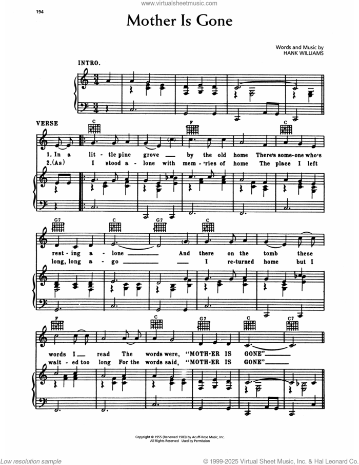 Mother Is Gone sheet music for voice, piano or guitar by Hank Williams, intermediate skill level