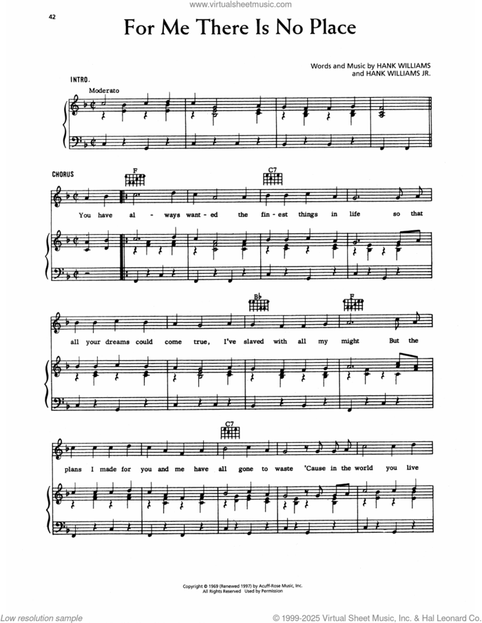For Me There Is No Place sheet music for voice, piano or guitar by Hank Williams and Hank Williams, Jr., intermediate skill level