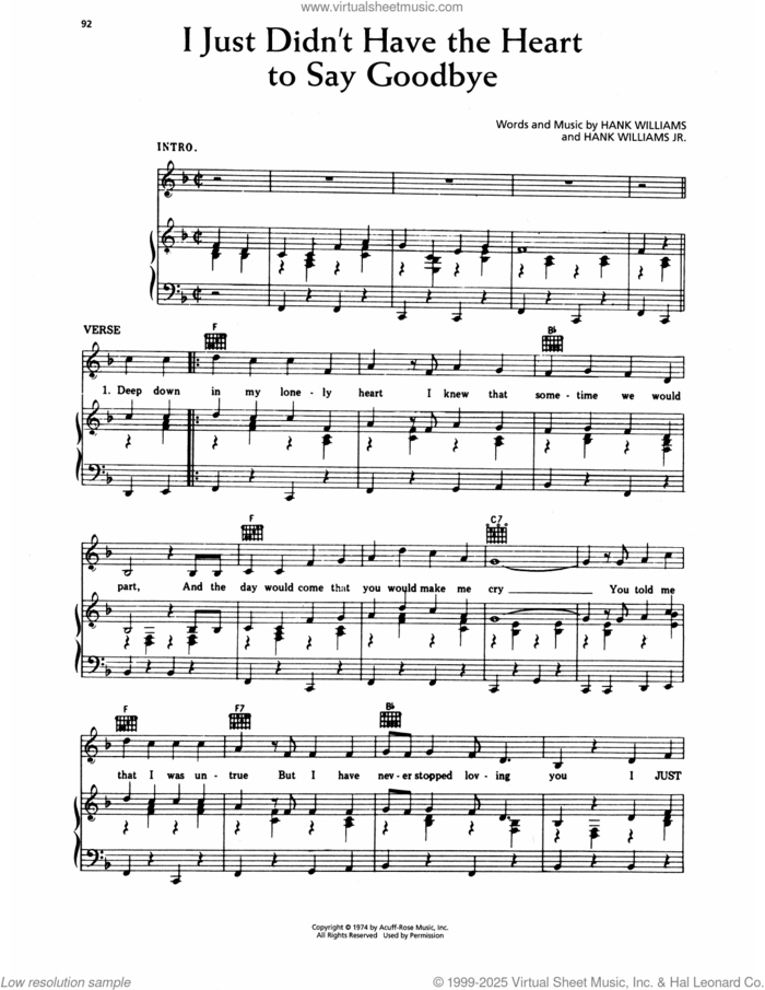 I Just Didn't Have The Heart To Say Goodbye sheet music for voice, piano or guitar by Hank Williams and Hank Williams, Jr., intermediate skill level