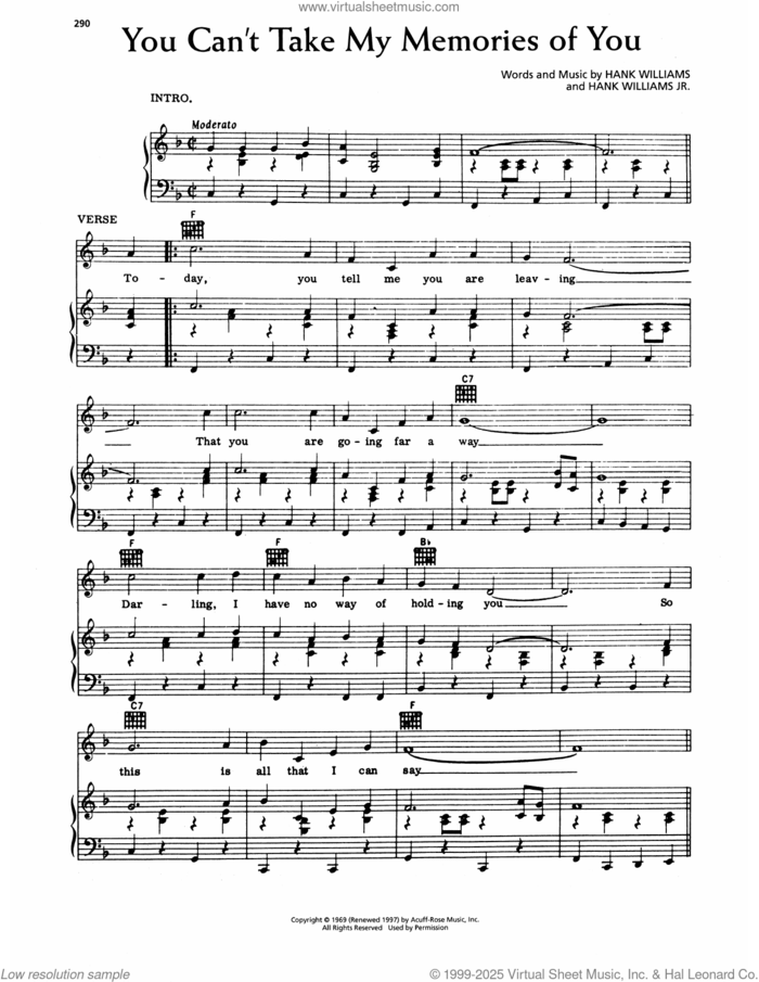 You Can't Take My Memories Of You sheet music for voice, piano or guitar by Hank Williams and Hank Williams, Jr., intermediate skill level