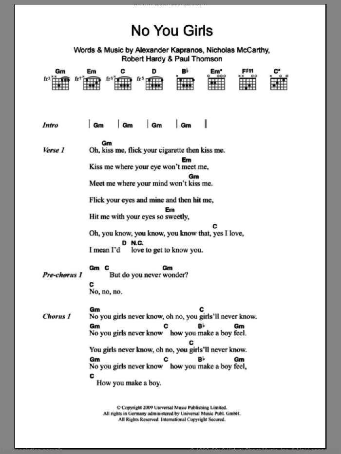 No You Girls sheet music for guitar (chords) by Franz Ferdinand, Alexander Kapranos, Nicholas McCarthy, Paul Thomson and Robert Hardy, intermediate skill level