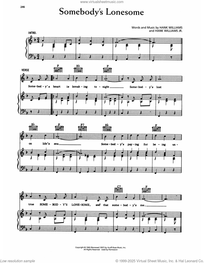 Somebody's Lonesome sheet music for voice, piano or guitar by Hank Williams and Hank Williams, Jr., intermediate skill level