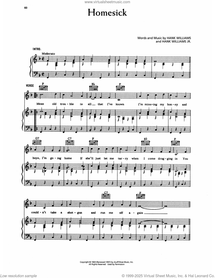 Homesick sheet music for voice, piano or guitar by Hank Williams and Hank Williams, Jr., intermediate skill level