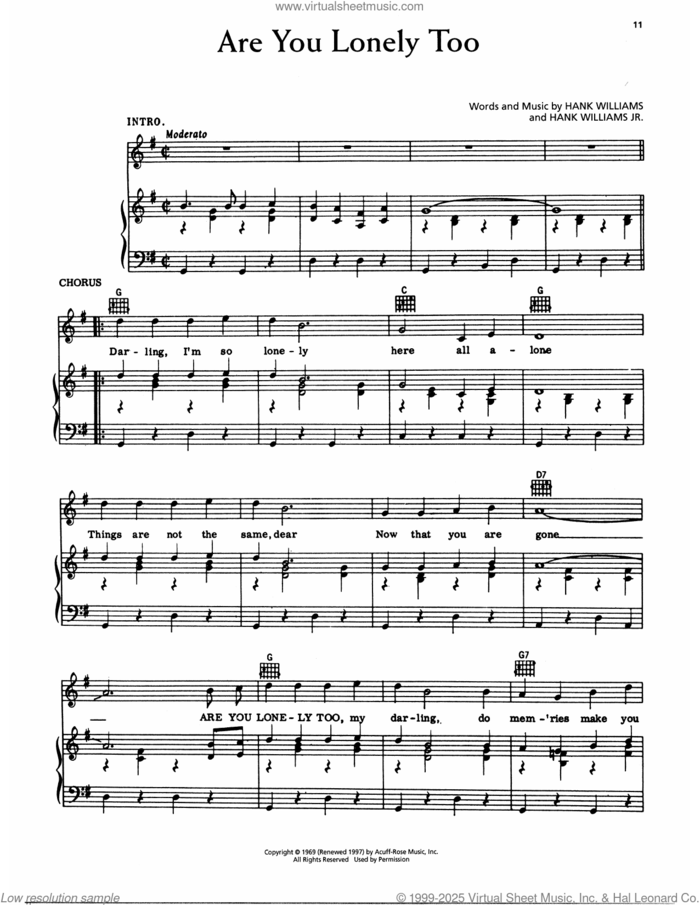 Are You Lonely Too sheet music for voice, piano or guitar by Hank Williams and Hank Williams, Jr., intermediate skill level