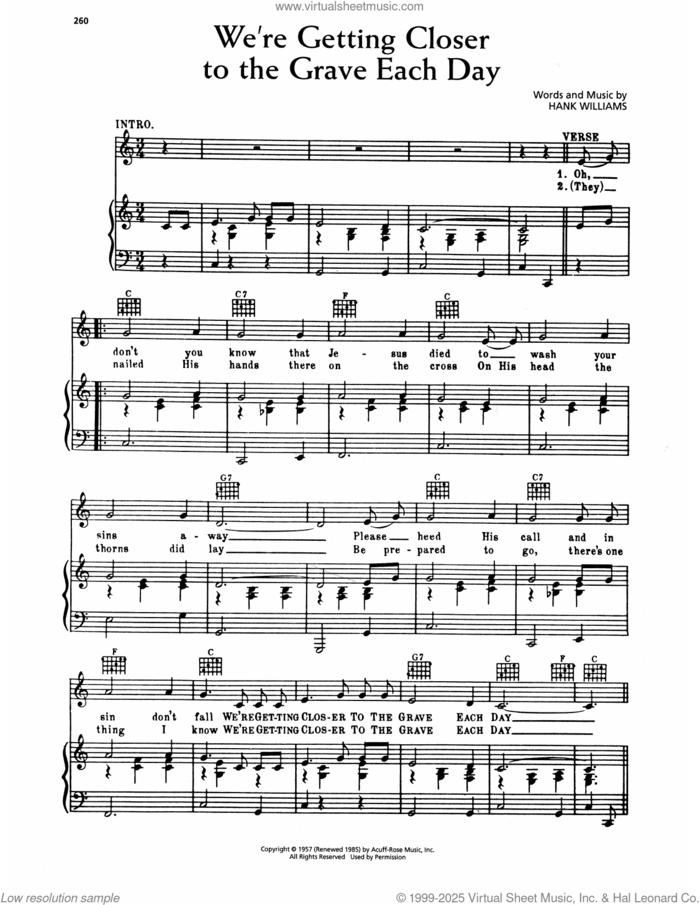 We're Getting Closer To The Grave Each Day sheet music for voice, piano or guitar by Hank Williams, intermediate skill level