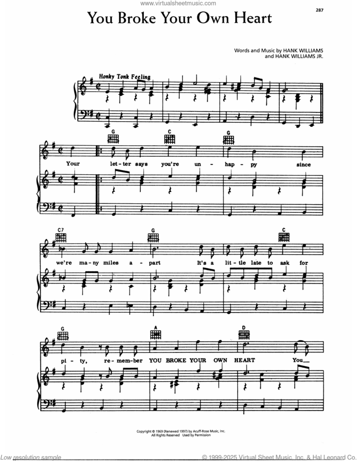 You Broke Your Own Heart sheet music for voice, piano or guitar by Hank Williams and Hank Williams, Jr., intermediate skill level