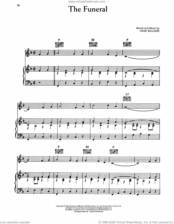 The Funeral sheet music for voice, piano or guitar by Hank Williams, intermediate skill level