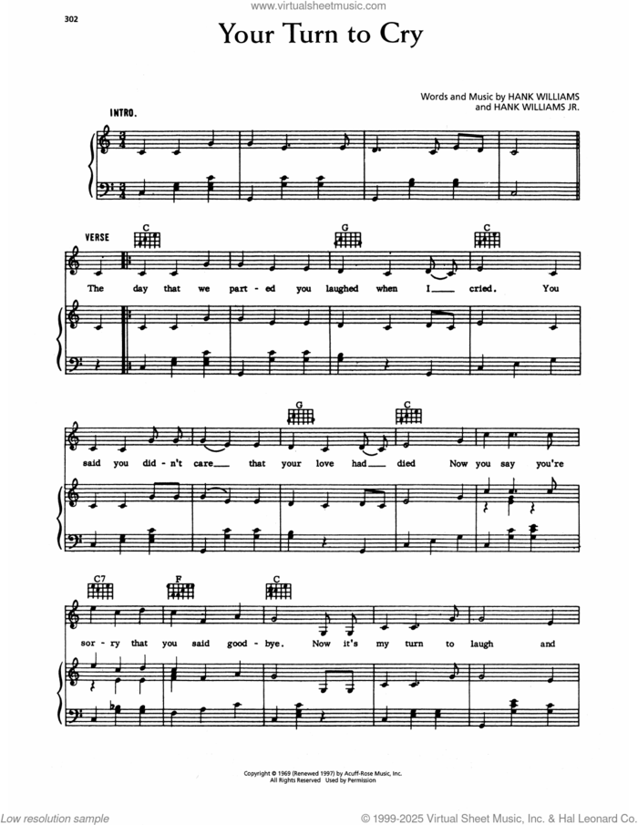 Your Turn To Cry sheet music for voice, piano or guitar by Hank Williams and Hank Williams, Jr., intermediate skill level