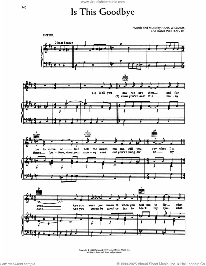 Is This Goodbye sheet music for voice, piano or guitar by Hank Williams and Hank Williams, Jr., intermediate skill level