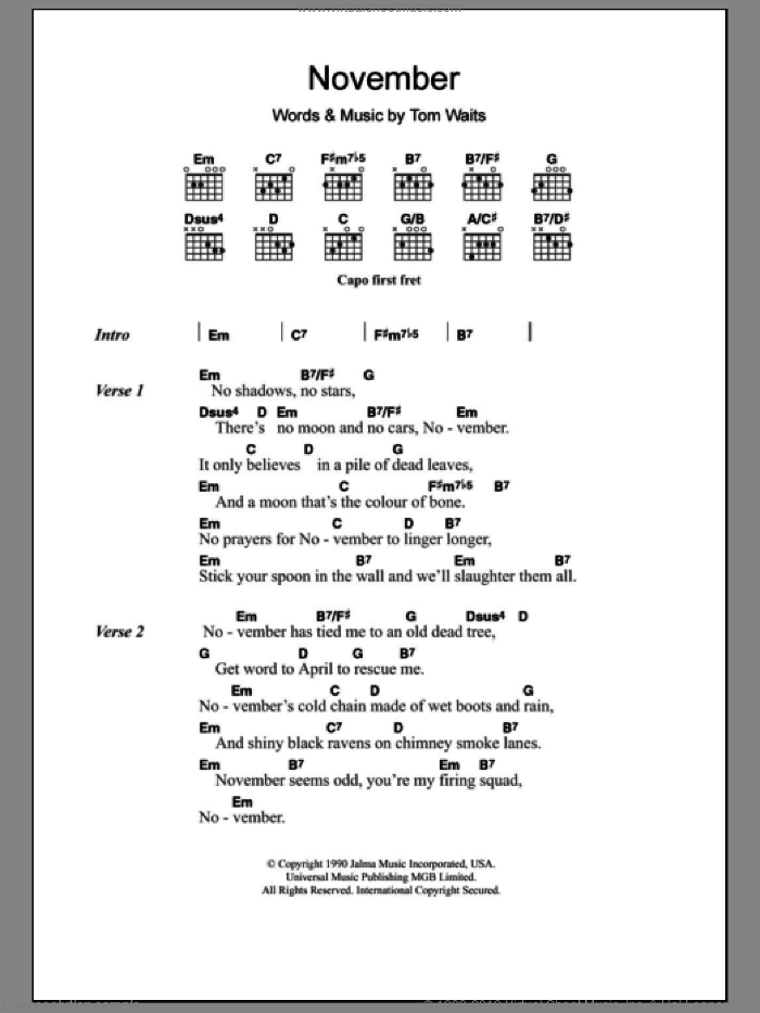 November sheet music for guitar (chords) by Tom Waits, intermediate skill level