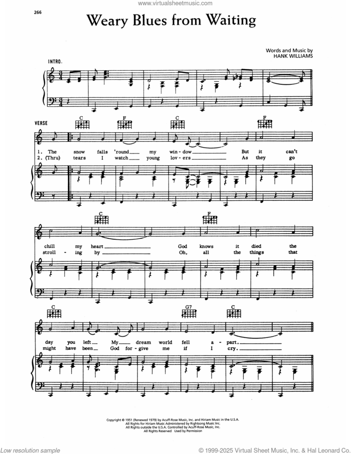 Weary Blues From Waiting sheet music for voice, piano or guitar by Hank Williams, intermediate skill level