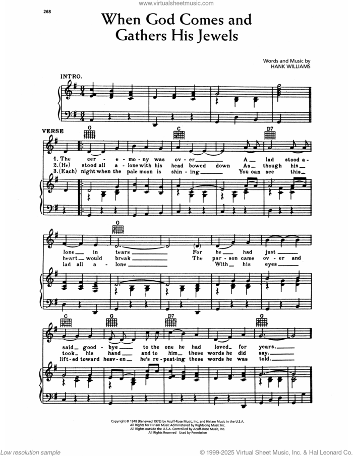 When God Comes And Gathers His Jewels sheet music for voice, piano or guitar by Hank Williams, intermediate skill level