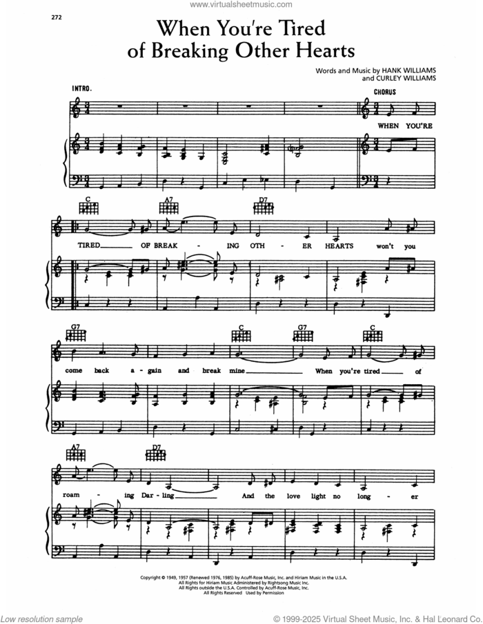 When You're Tired Of Breaking Other Hearts sheet music for voice, piano or guitar by Hank Williams and Curley Williams, intermediate skill level