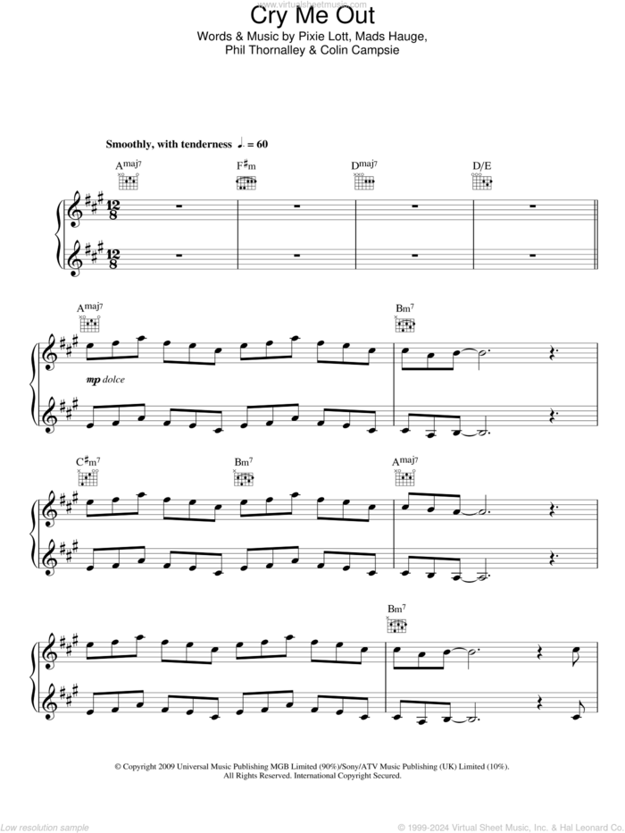 Cry Me Out sheet music for piano solo by Pixie Lott, Colin Campsie, Mads Hauge and Phil Thornalley, easy skill level