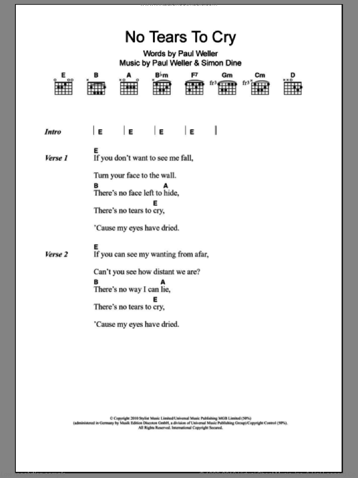 No Tears To Cry sheet music for guitar (chords) by Paul Weller and Simon Dine, intermediate skill level