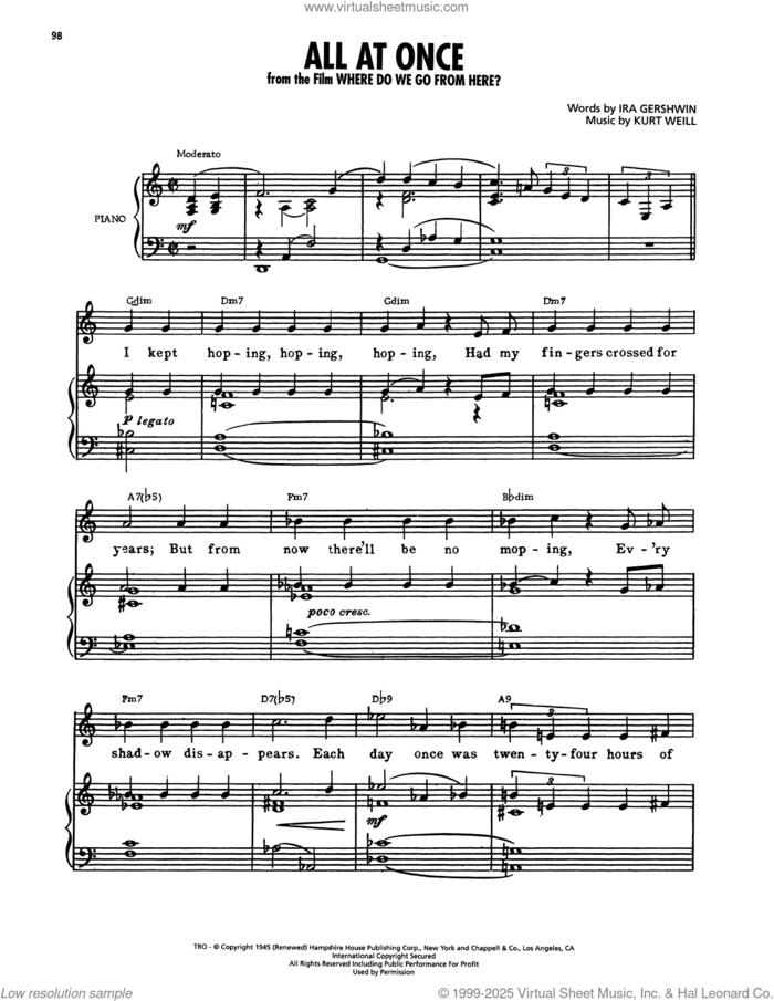 All At Once (from Where Do We Go From Here?) sheet music for voice, piano or guitar by Ira Gershwin and Kurt Weill, intermediate skill level
