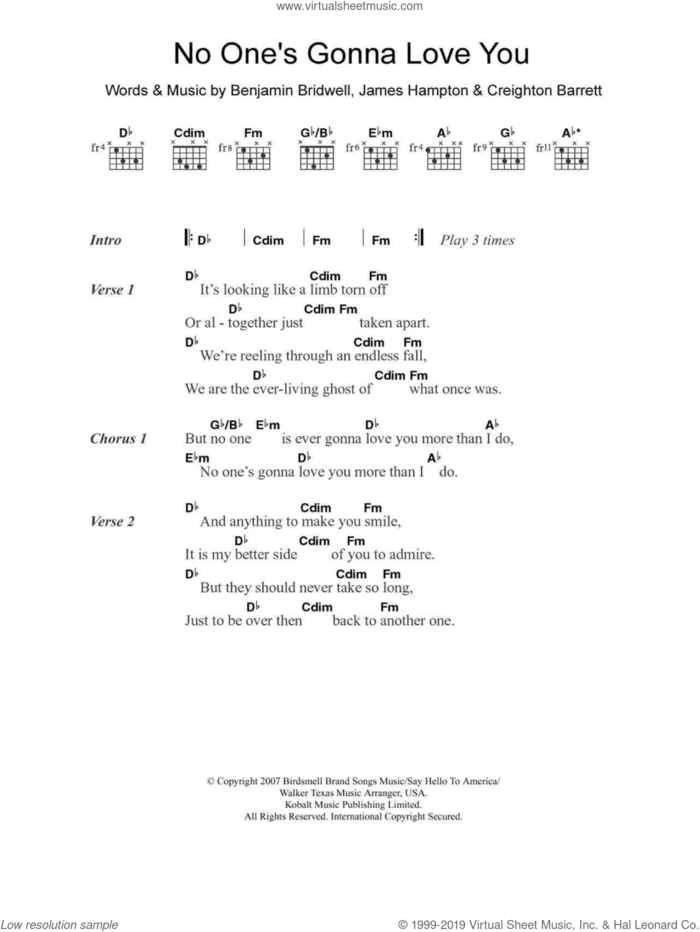 No One's Gonna Love You sheet music for guitar (chords) by Band Of Horses, Cee Lo Green, Renee Fleming, Benjamin Bridwell, Creighton Barrett and James Hampton, intermediate skill level