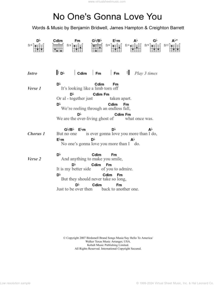 No One's Gonna Love You sheet music for guitar (chords) by Band Of Horses, Cee Lo Green, Renee Fleming, Benjamin Bridwell, Creighton Barrett and James Hampton, intermediate skill level