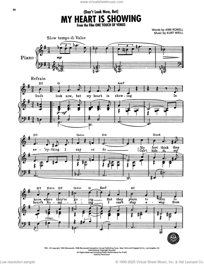 (Don't Look Now, But) My Heart Is Showing (from One Touch Of Venus) sheet music for voice, piano or guitar by Ann Ronell and Kurt Weill, intermediate skill level