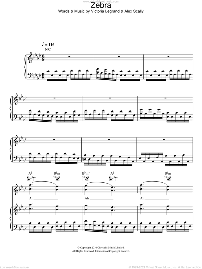Zebra sheet music for voice, piano or guitar by Beach House, Alex Scally and Victoria Legrand, intermediate skill level