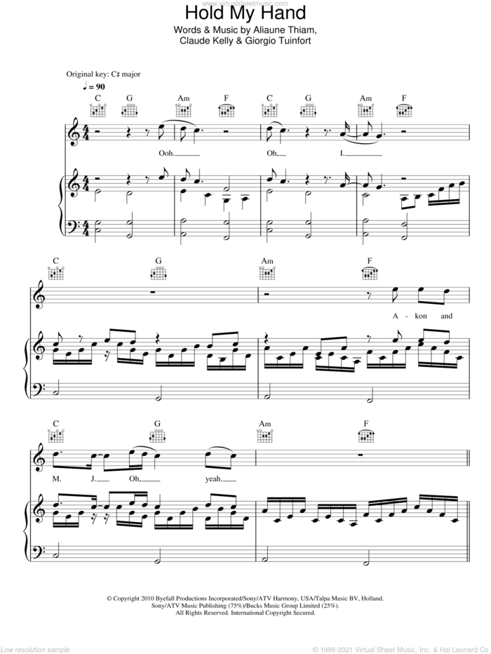 Hold My Hand sheet music for voice, piano or guitar by Michael Jackson featuring Akon, Aliaune Thiam, Claude Kelly and Giorgio Tuinfort, intermediate skill level
