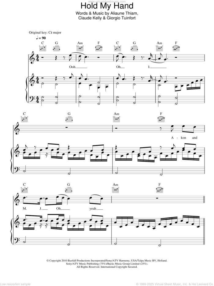 Hold My Hand sheet music for voice, piano or guitar by Michael Jackson featuring Akon, Aliaune Thiam, Claude Kelly and Giorgio Tuinfort, intermediate skill level