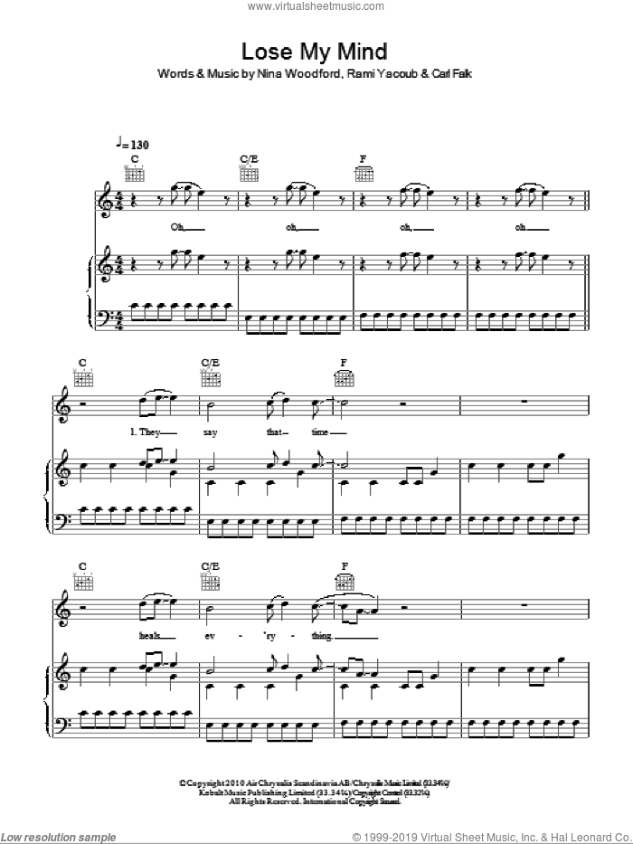 Lose My Mind sheet music for voice, piano or guitar by The Wanted, Carl Falk, Nina Woodford and Rami, intermediate skill level