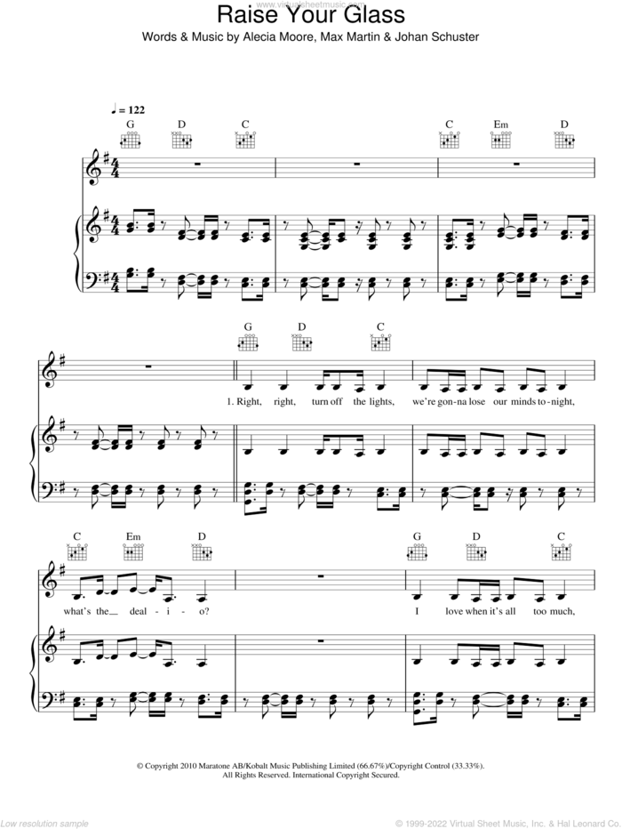 Raise Your Glass sheet music for voice, piano or guitar by Max Martin, Miscellaneous, P!nk, Alecia Moore and Johan Schuster, intermediate skill level