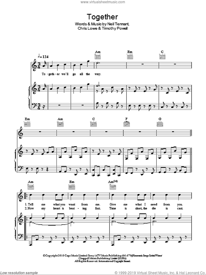 Together sheet music for voice, piano or guitar by The Pet Shop Boys, Pet Shop Boys, Chris Lowe, Neil Tennant and Timothy Powell, intermediate skill level