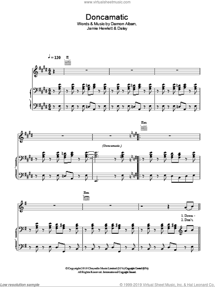Doncamatic sheet music for voice, piano or guitar by Gorillaz featuring Daley, Gorillaz, Daley, Damon Albarn and Jamie Hewlett, intermediate skill level