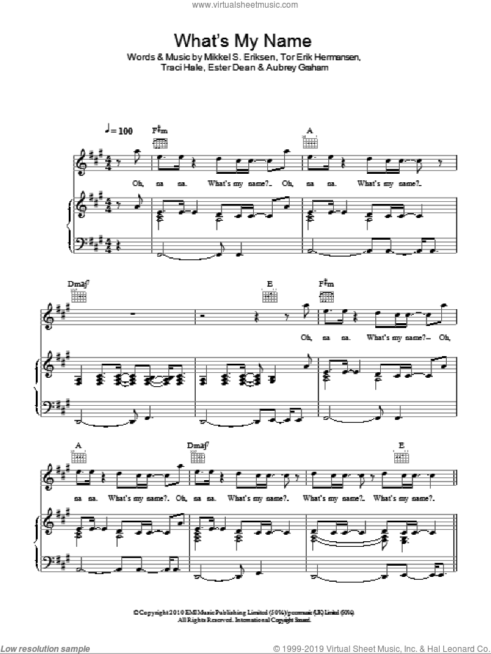 What's My Name? sheet music for voice, piano or guitar by Rihanna featuring Drake, Rihanna, Aubrey Graham, Ester Dean, Mikkel S. Eriksen, Tor Erik Hermansen and Tracy Hale, intermediate skill level